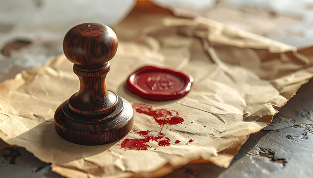 Wooden stamp and red wax seal on crumpled paper, antique document authentication, legal agreement, vintage stationery concept