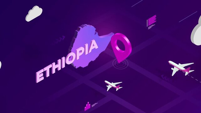 Isometric Design, Ethiopia Map Silhouette Location Pin and Airplanes on Purple Animation, Travel Background