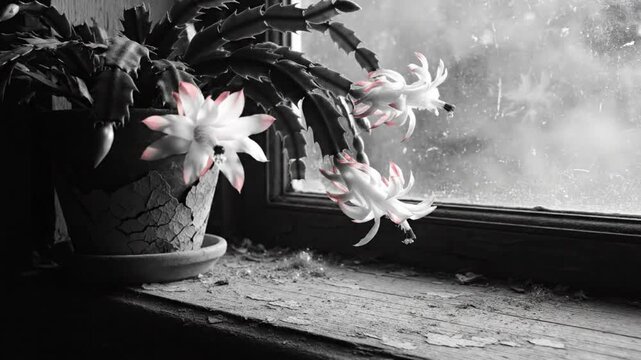 Black and White Selective Color Flowers Blooming in a Pot on a Wooden Window Sill as the Wind Blows