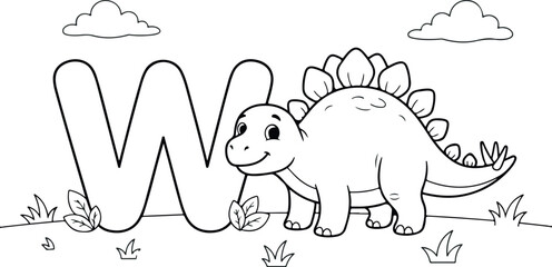 Educational coloring page for children featuring the letter w and a cute cartoon stegosaurus dinosaur character © Puzondas Designer