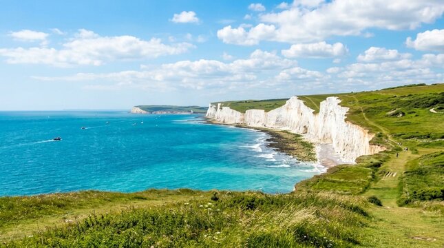 Bright turquoise sea and white chalk cliffs border green coastal hills under a blue sky, perfect for travel campaigns, hiking guides, or seaside vacation marketing.