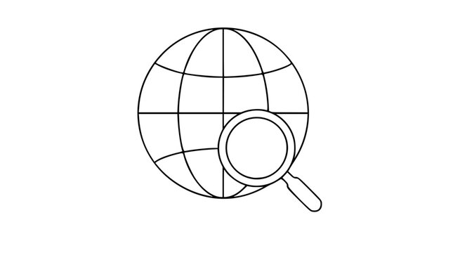 Minimalist vector illustration of globe with magnifying glass icon in clean line art style. Global search concept, worldwide research symbol, scalable outline design for digital applications and web