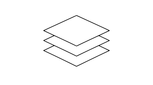 Minimalist hand-drawn vector icon illustration of three neatly stacked overlapping flat geometric layers, clean black line art outline style, scalable graphic for design, editing and layering concept