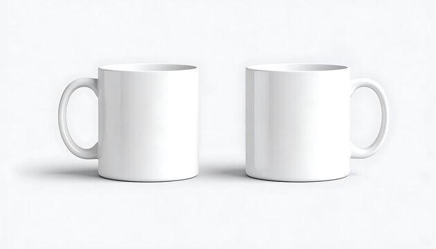 Two plain white ceramic mugs isolated on a neutral background, front view, ready for custom design and branding