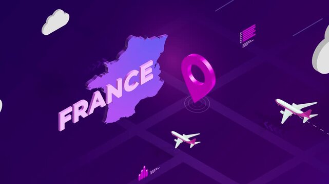 Isometric Design, France Map Silhouette Location Pin and Airplanes on Purple Animation, Travel Background