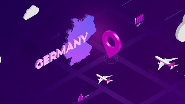 Isometric Design, Germany Map Silhouette Location Pin and Airplanes on Purple Animation, Travel Background