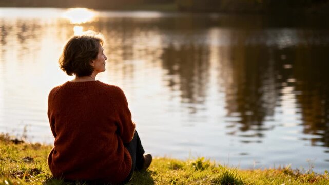 Senior woman sitting on grass by a lake at sunset. Back view of a female reflecting by the water during golden hour in autumn. Retirement and solitude concept