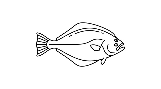 Halibut Fish Vector Icon Illustration - Minimalist Line Art Ocean Seafood Outline, Hand-Drawn Flatfish Marine Animal Design for Restaurant Menu, Fishing Industry, and Sustainable Seafood Projects