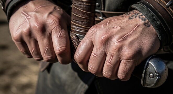 Scarred hands holding a weapon