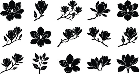 Set of black magnolia flower vector illustrations isolated on a white background for design projects © Samsul