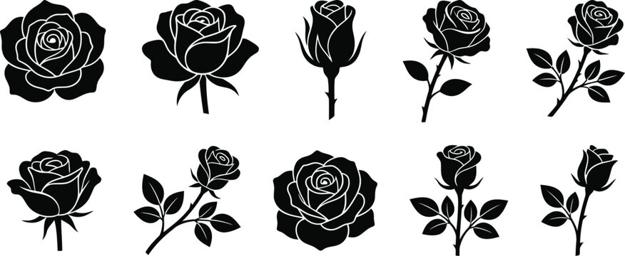 Set of black rose flower vector icons isolated on white background for design and creative projects