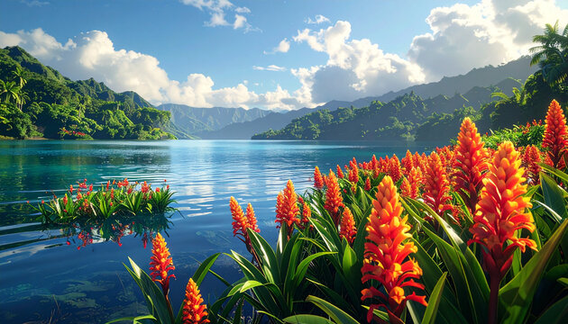 Scenic lake landscape with vibrant flowers