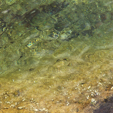Gran Canaria, calm rock pools under steep cliffs of the north coast are separated from the ocean by volcanic rocks of platform constructed by old lava flows, Punta de Galdar area