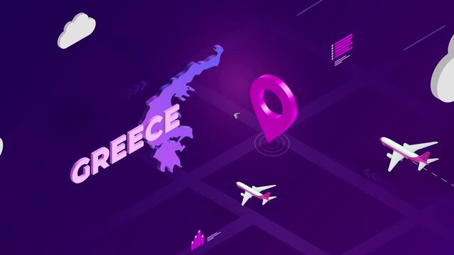 Isometric Design, Greece Map Silhouette Location Pin and Airplanes on Purple Animation, Travel Background