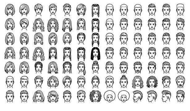 Men and Women Hairstyle Vector Collection with Editable Hair Outline Illustrations