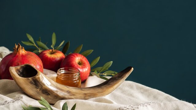 Rosh Hashanah symbols with shofar, apples, honey and pomegranate on elegant background