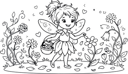 Fototapeta premium A cute little fairy holding a basket while standing in a magical garden for a fun coloring page