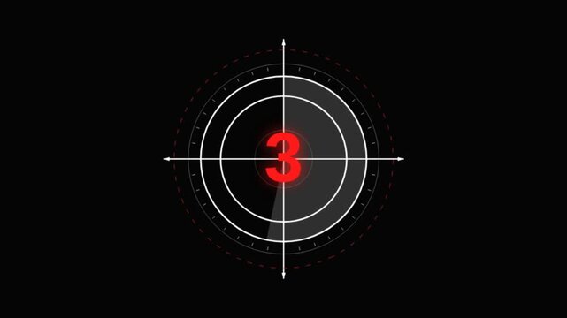 Countdown Timer: A stylized film countdown leader with the number 1-8 illuminated in red, centered within concentric circles and crosshairs against a dark, abstract background.