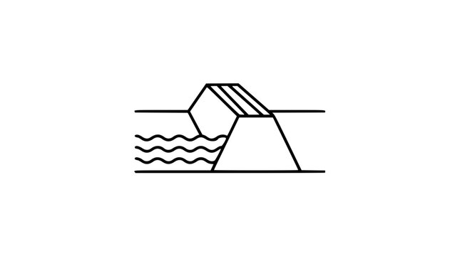 Minimalist line art vector icon of levee dam structure with water waves, hand-drawn outline illustration for flood protection river barrier environment engineering, scalable graphic design element