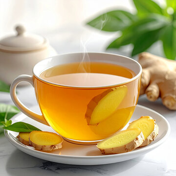 Fresh ginger tea cup with steam and ginger root slices on a bright kitchen counter