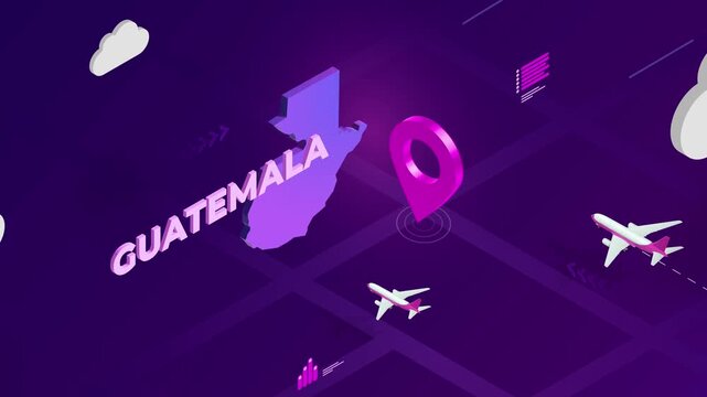 Isometric Design, Guatemala Map Silhouette Location Pin and Airplanes on Purple Animation, Travel Background