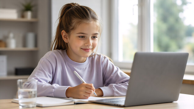 Girl student attending virtual lesson at home. Desk with schoolgirl using laptop for online education and distance learning. Child studying digital content during remote class, technology.