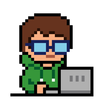 Pixel Art Programmer Boy wearing Glasses and Green Hoodie Working on Laptop Isolated