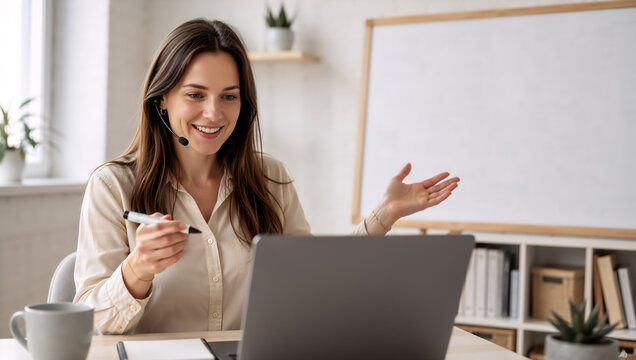Young woman teacher with headset using laptop for online education. Remote tutor conducting lesson via video call. Home school classroom concept for distance learning and webinar.