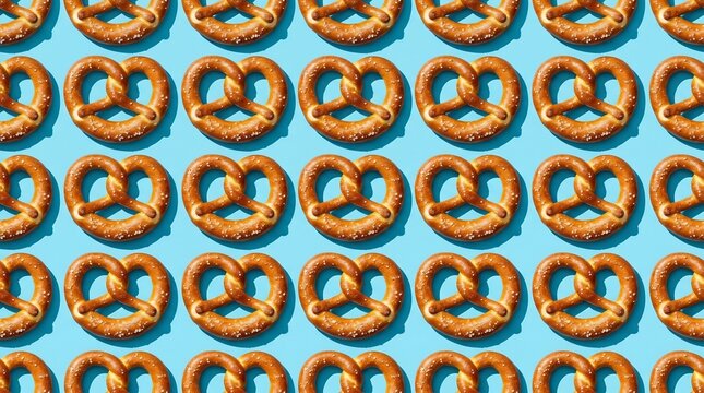 Repeating pattern of golden brown salted pretzels arranged in a grid on a bright blue background with hard shadows