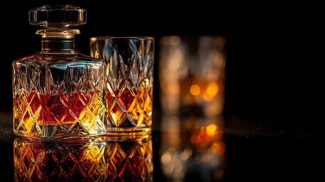 Stunning Hero Shot of Premium Whiskey in Crystalline Decanter with Glasses on Dark Reflections Map.