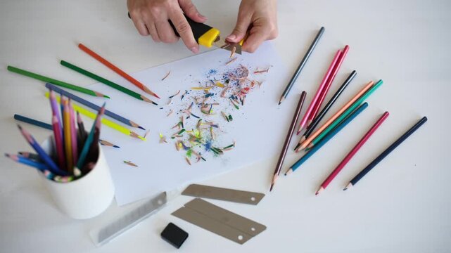 Close-Up View From Above Of A Woman Sharpening Pencils