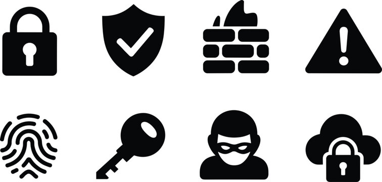 Security and safety icons set in black silhouette on white background lock shield