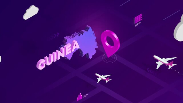 Isometric Design, Guinea Map Silhouette Location Pin and Airplanes on Purple Animation, Travel Background
