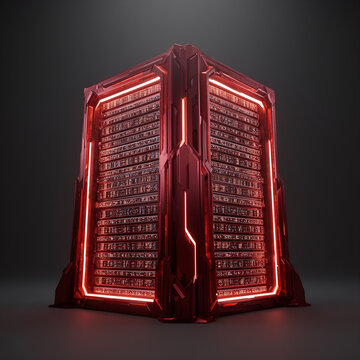 Futuristic Red Server Rack with Glowing Circuitry