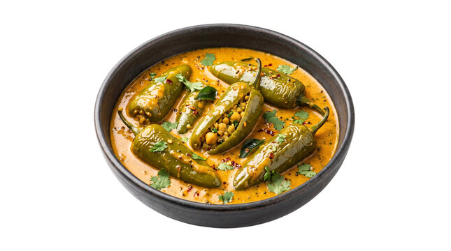 Traditional indian bharwan mirch curry featuring stuffed green chilies simmered in aromatic yellow gravy isolated on transparent.