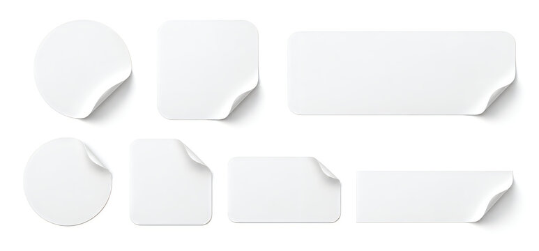 Blank white paper stickers with curled corners, adhesive label mockups in round and rectangular shapes, realistic sticky notes set isolated on White Background ai