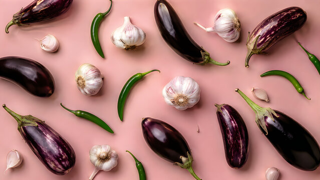 Fresh aubergines, garlic bulbs and green chili peppers on pink background, flat lay pattern of raw organic vegetables, healthy cooking concept isolated on White Background ai