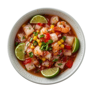 Traditional peruvian ceviche with fresh shrimp and white fish served in a bowl with lime wedges and cilantro isolated on a transparent background