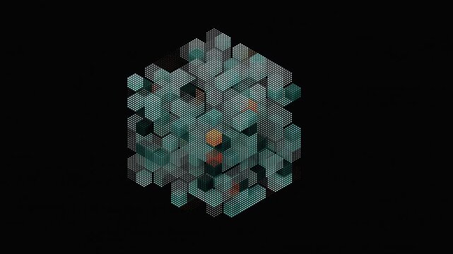 3D animation representing data flow or data centers, featuring multiple moving cubes in blue, orange, and white against a black background. Isometric view. Infinite loop.