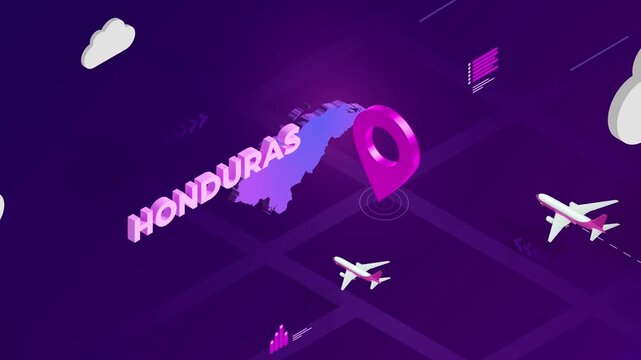 Isometric Design, Honduras Map Silhouette Location Pin and Airplanes on Purple Animation, Travel Background