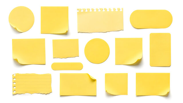 Yellow sticky notes collection, blank paper memo pads with curled corners, torn notebook sheets for office reminders and planning isolated on White Background ai