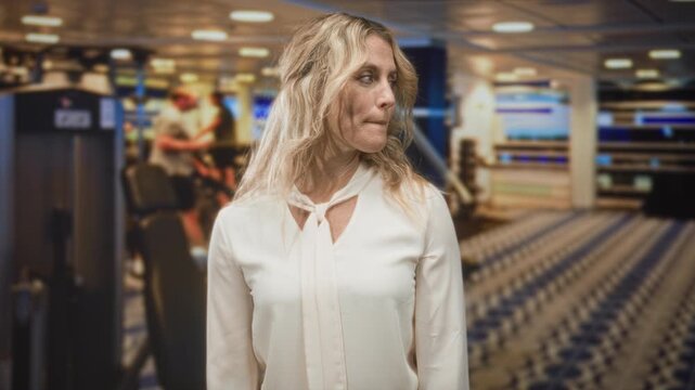 Woman biting lip, pale blouse visible, long blonde hair, gaze averted, standing in airport terminal with seats and monitors; quiet reflection.