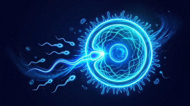 Medical macro photograph of a specialized ICSI microinjection pipette holding an individual sperm cell beside a human egg, reproductive biology, assisted fertilization and embryology laboratory