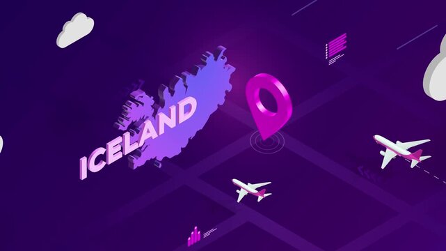 Isometric Design, Iceland Map Silhouette Location Pin and Airplanes on Purple Animation, Travel Background