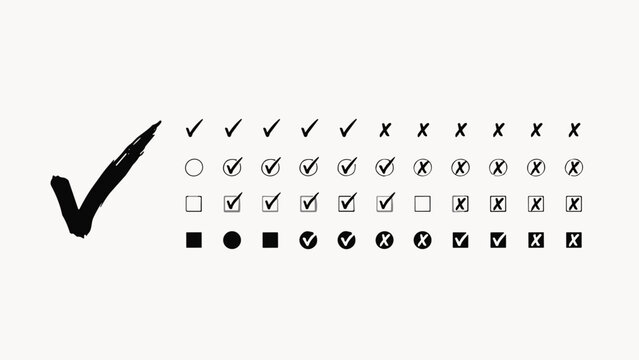 Hand-drawn check marks and cross symbols, collection of black ink tick and x in circles and squares on a white background