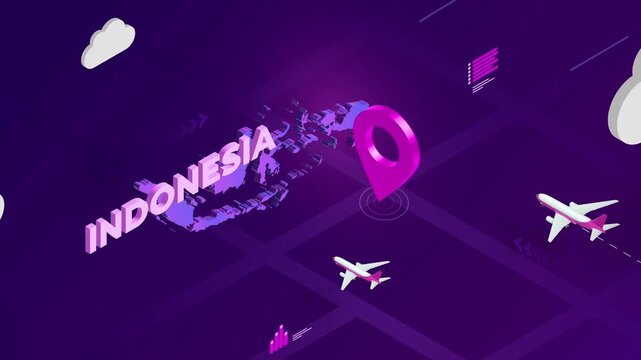 Isometric Design, Indonesia Map Silhouette Location Pin and Airplanes on Purple Animation, Travel Background