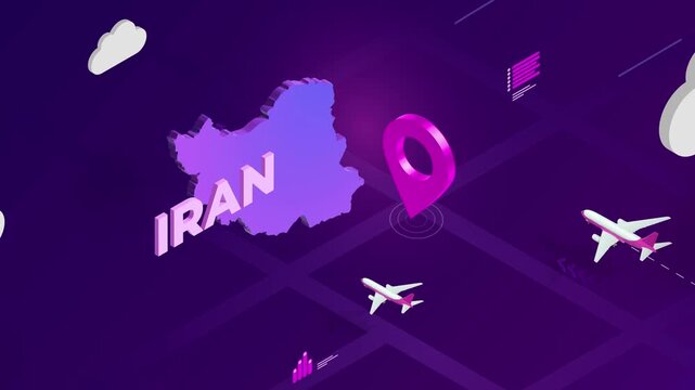 Isometric Design, Iran Map Silhouette Location Pin and Airplanes on Purple Animation, Travel Background