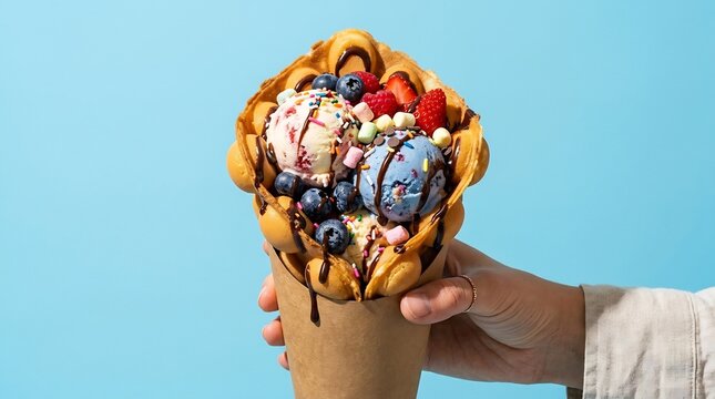 Hand holding a bubble waffle cone filled with colorful ice cream scoops, fresh berries, sprinkles, and chocolate syrup on a blue background