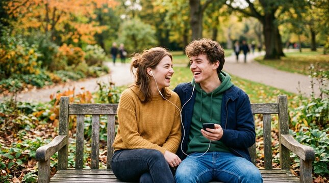 Two young adults laugh together on a wooden park bench while sharing earbuds and a smartphone, suited for friendship, music streaming, and autumn lifestyle campaigns.