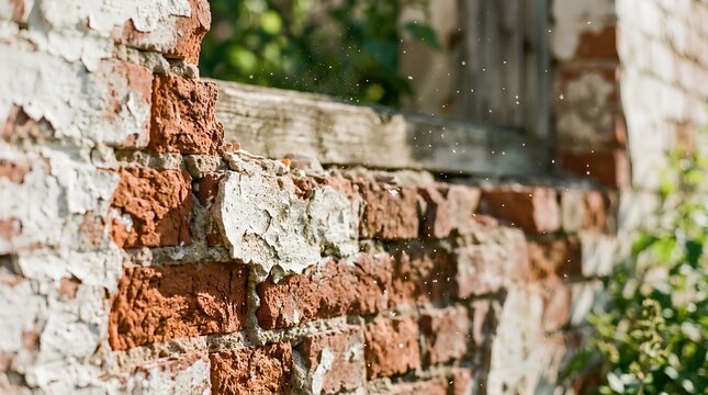 Weathered red brick wall with flaking white plaster and sunlit dust motes near an old window, useful for renovation, heritage, or rustic texture themes.